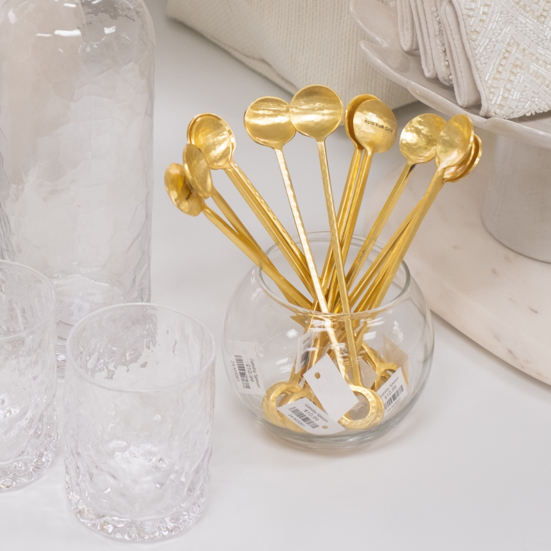Gatsby Hammered Gold Stainless Steel Cocktail Stirring Spoons Displayed in Small Round Vase