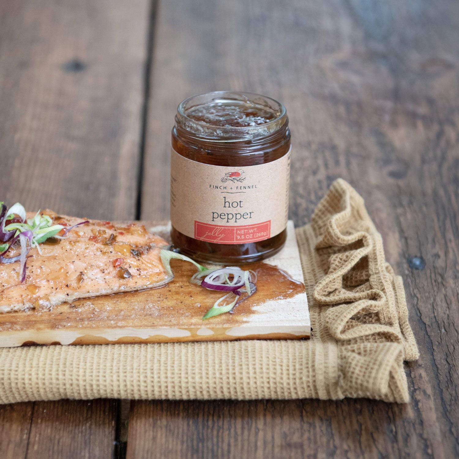 Giftable Gourmet Sweet and Spicy Pepper Jelly Glazed Cedar Plank Salmon