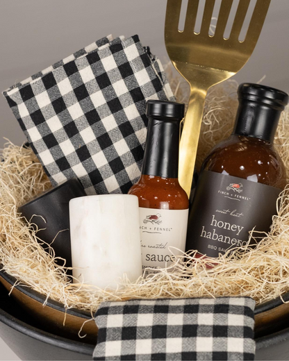 Gift Basket with Fire Roasted Hot Sauce, Black Gingham Tea Towel, Marble Salt & Pepper Shakers, Gold Spatula