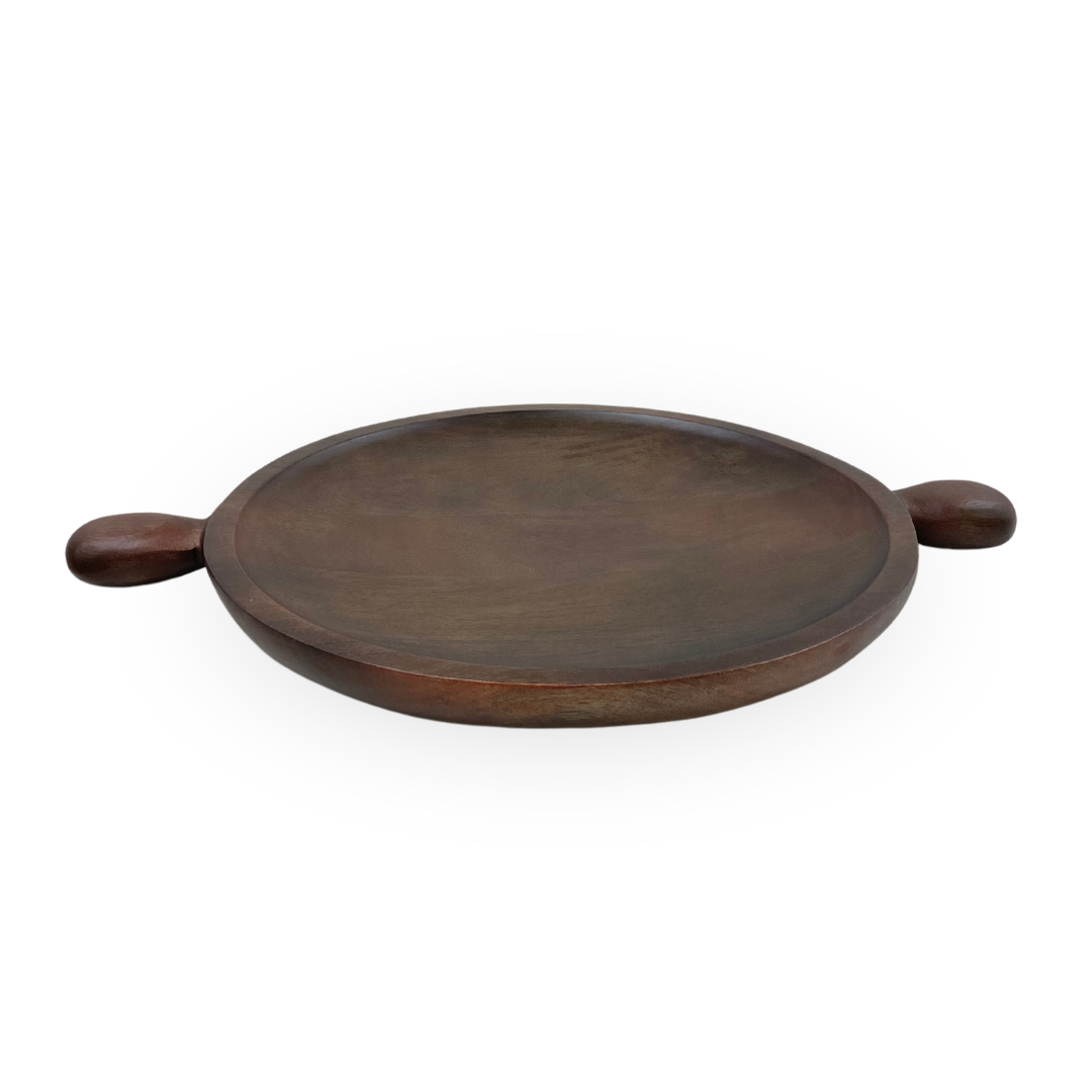 Hugo Carved Dark Wood Circular Tray with Knob Handles