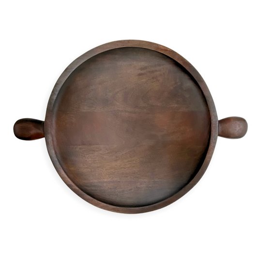 Hugo Carved Dark Wood Circular Tray with Knob Handles