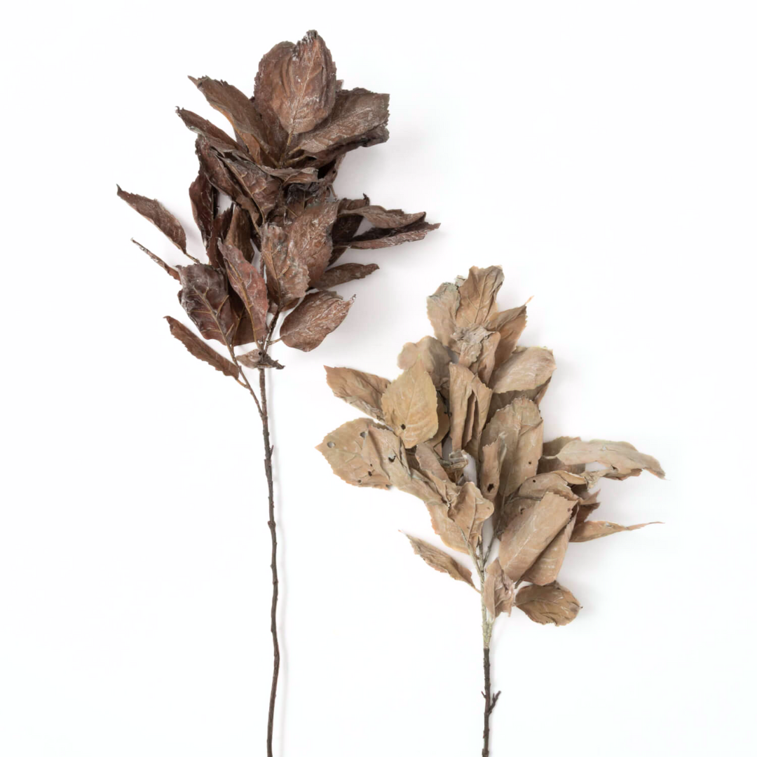 Realistic Faux Dried Hydrangea Leaf Spray for Autumn Floral Arrangements in Muted Light Brown and Dark Brown