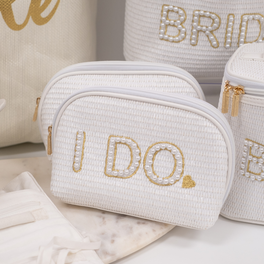 White Woven Pearl and Gold Stitching Embellished Zip Pouch "I DO" styled for Display
