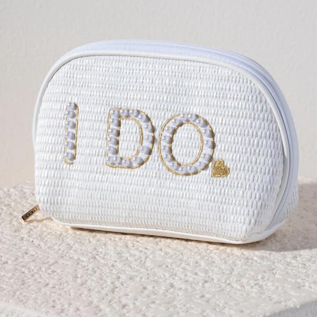 White Woven Pearl and Gold Stitching Embellished Zip Pouch "I DO"