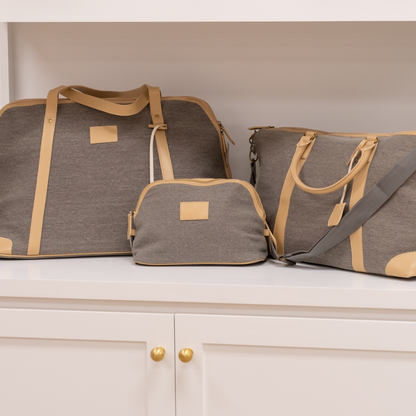 Kennedy Collection Textured Grey Canvas Toiletry Bag, Classic and Tote Style Duffel Bag with Tan Vegan Leather Accents