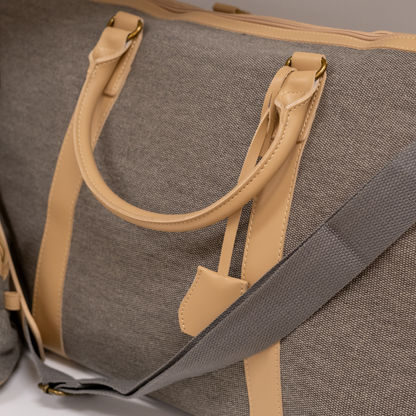 Kennedy Grey Fabric Tan Vegan Leather Chic Carry-On Friendly Duffel Bag with Removable Shoulder Strap