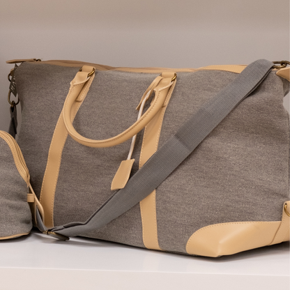 Kennedy Grey Fabric Tan Vegan Leather Chic Carry-On Friendly Duffel Bag