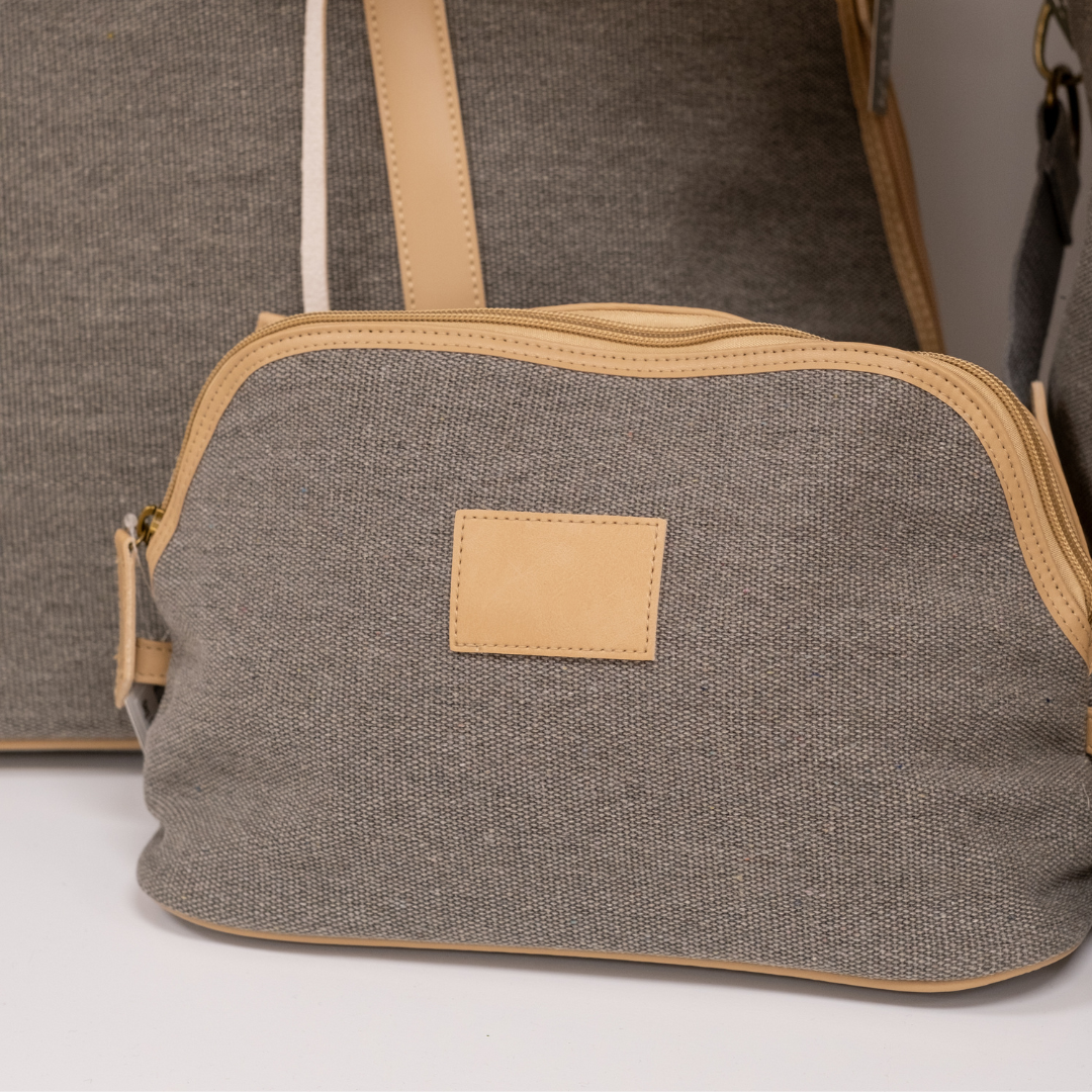 Kennedy Textured Grey Canvas Toiletry Bag with Tan Vegan Leather Accents