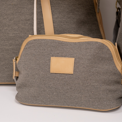 Kennedy Textured Grey Canvas Toiletry Bag with Tan Vegan Leather Accents