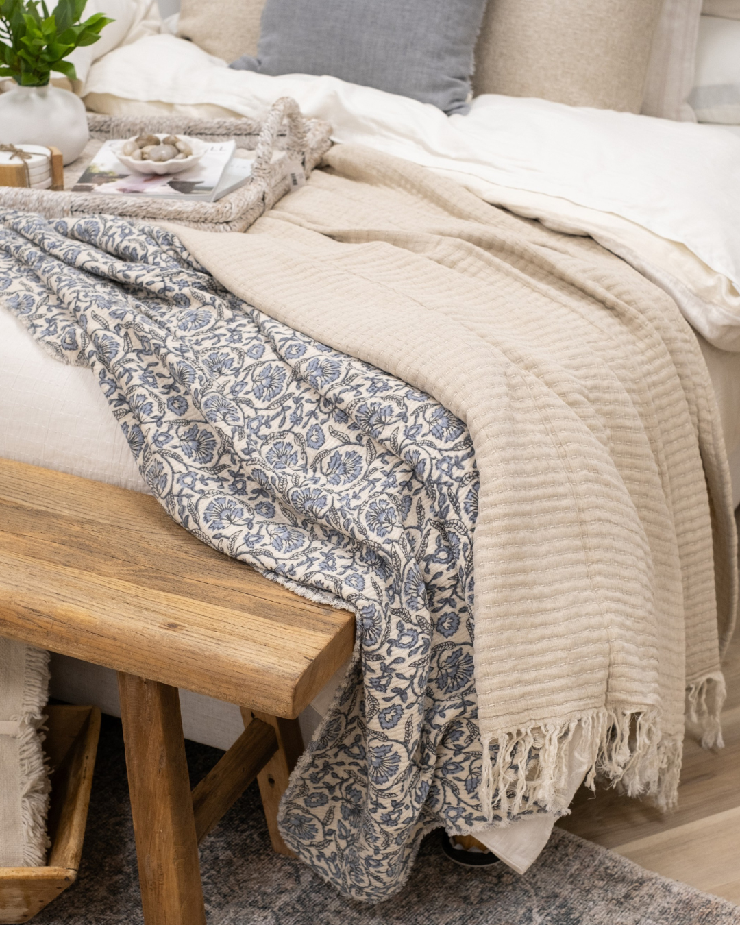 Layton Beige Kantha-Stitch Lightweight Throw Blanket styled on Bed with Millie Throw