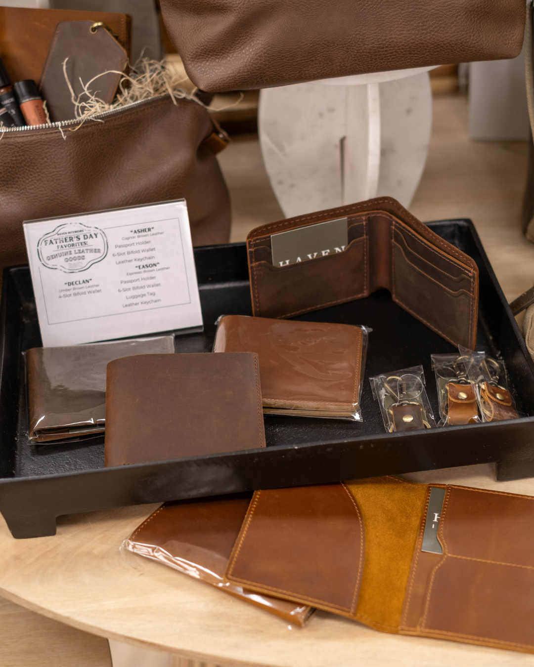 Genuine Leather Goods Wallets, Passport Holders, Keychains, Haven Father's Day Display