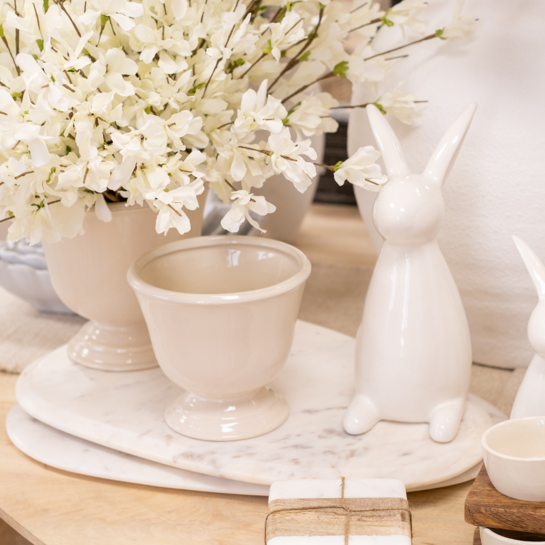 Lourdes Modern Organic Shaped Solid White Marble Tray Styled for Spring Display with Ceramic Bunny and Compote with White Florals