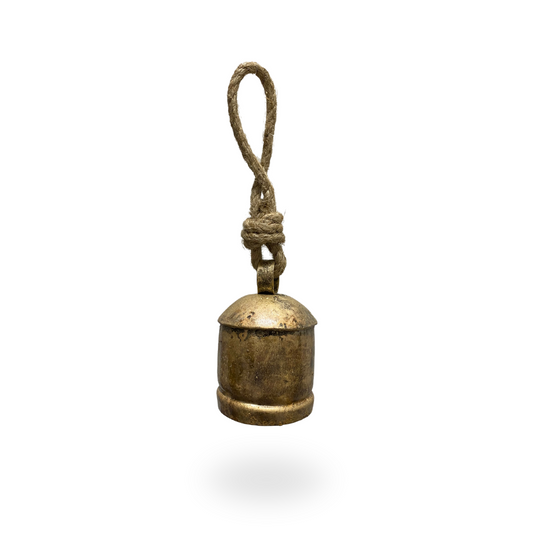 Lumi Handcrafted Aluminum Rustic Antiqued Weathered Gold Bell with Rope Hanging Loop Holiday Decor