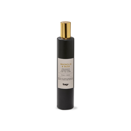 Magnolia & Musk Essential Oil Blend Room Spray Home Fragrance in Matte Black Glass Bottle with Sleek Gold Cap