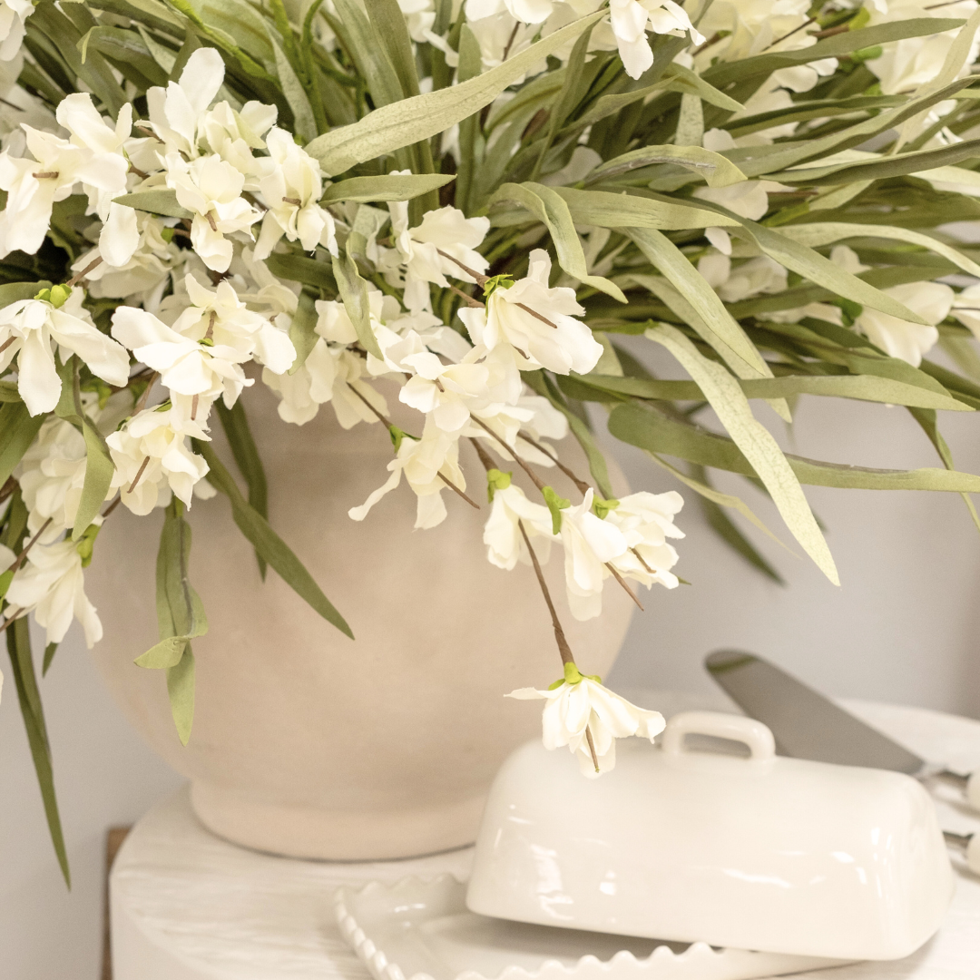 Marbella Matte Cream White Paper Mache Vase with Faux Dune Grass and White Forsythia