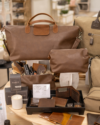 Mercer Brown Vegan Leather Duffel Carry-On Friendly Travel Bag and Toiletry Bag Styled for Father's Day Display