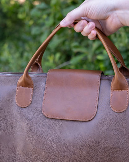 Mercer Brown Vegan Leather Duffel Travel Bag Handle Stitching Detail