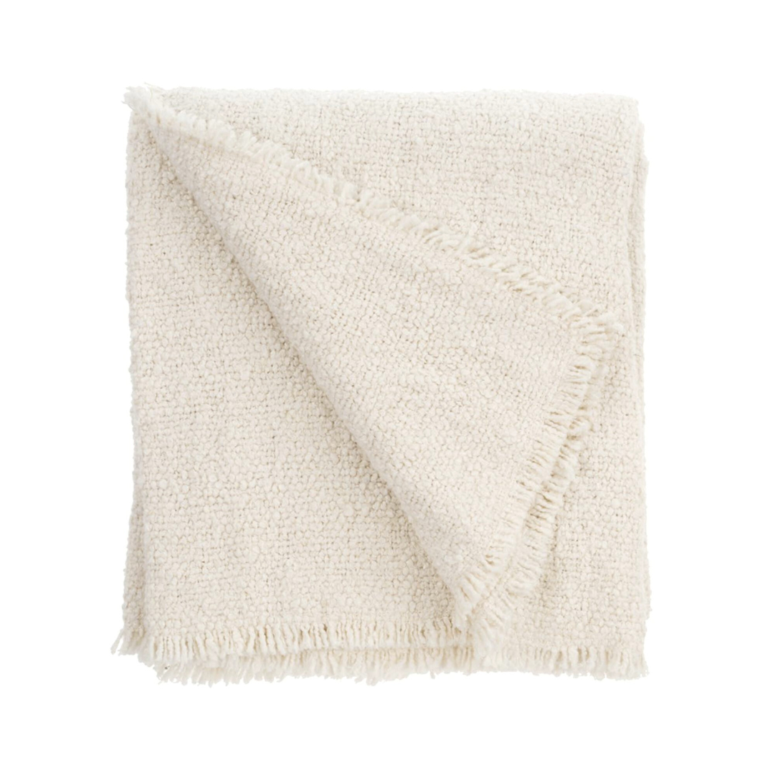 Montero Boucle Woven Fringed Neutral Throw Blanket in Cream White Colorway