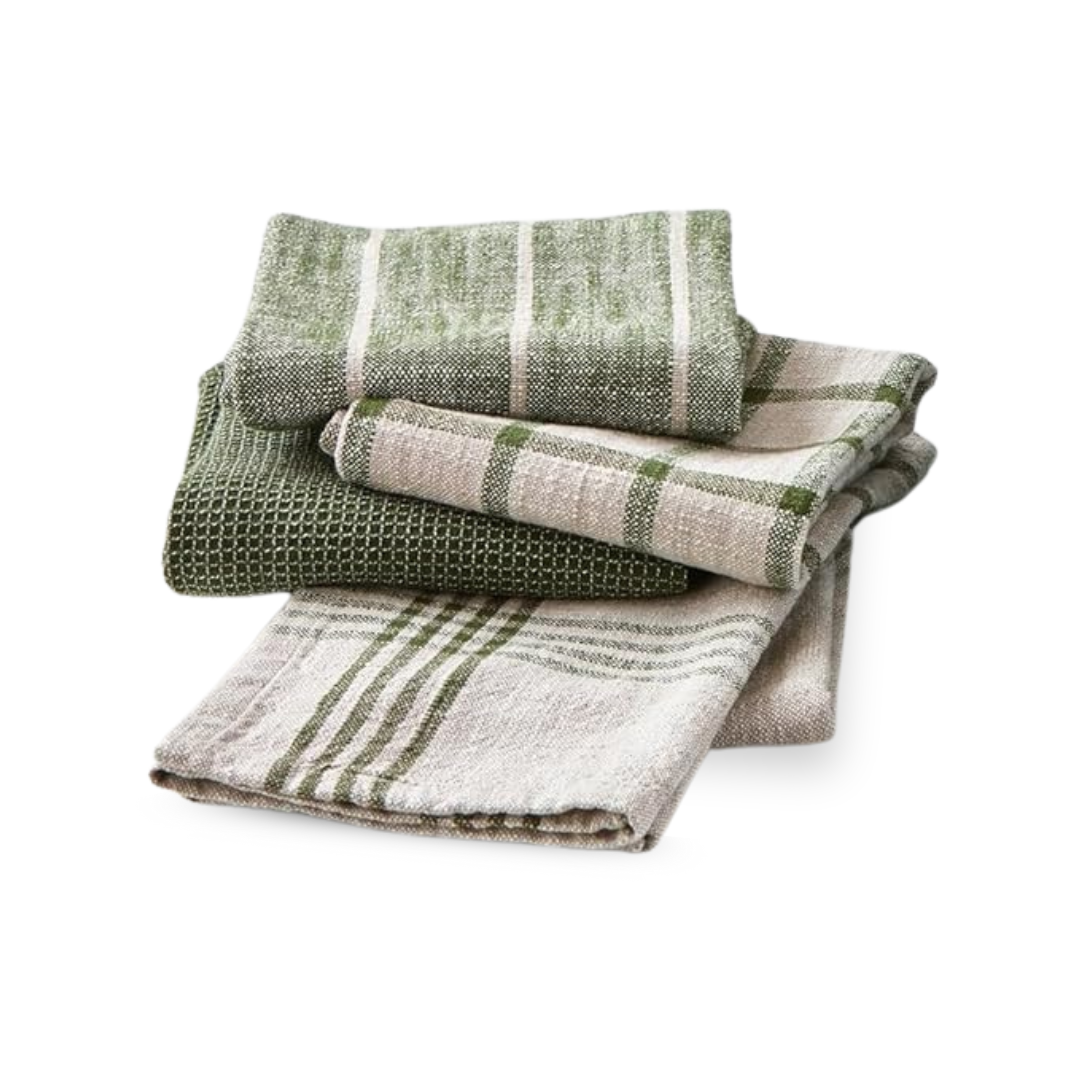 Nadine Olive Green 100% Shrink Resistant Woven Cotton Tea Towel Set of 4