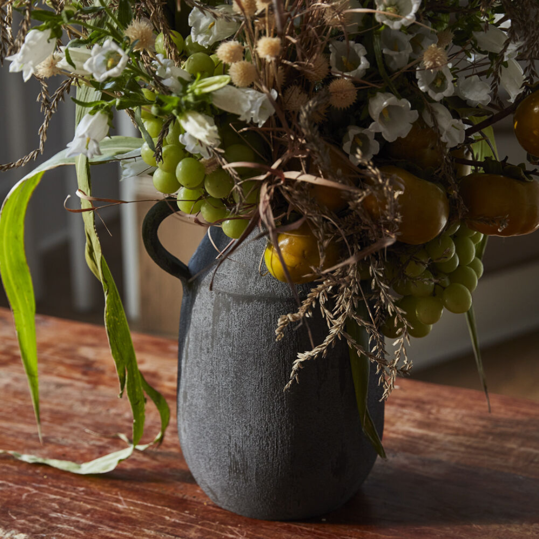 Napoli Rustic Matte Charcoal Black Textured Pitcher-Style Vase Styled as Autumn Floral Arrangement Centerpiece