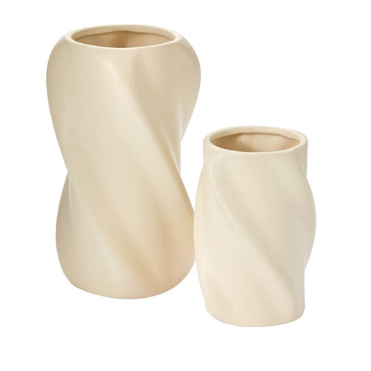 Portia Matte Finish Cream Twisted Modern Ceramic Vase, Large and Small