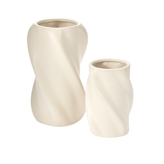 Portia Cream White Matte Glazed Ceramic Twisted Modern Vase for Floral Centerpiece in Large and Small