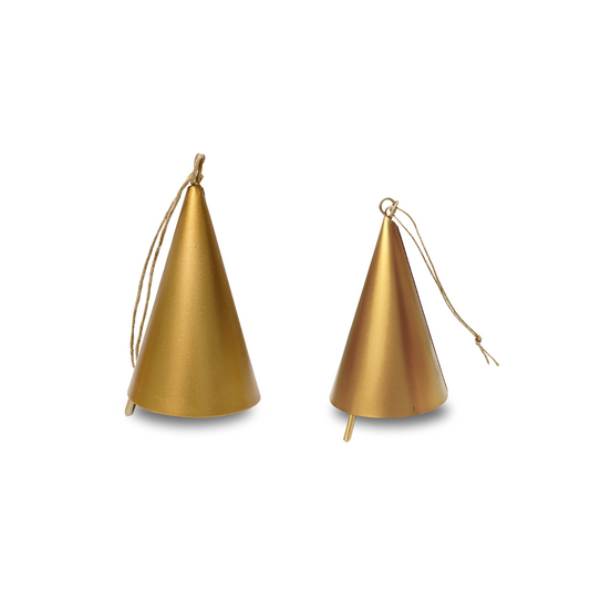 Revel Handcrafted Modern Shape Aluminum Bell with Brushed Gold Finish Hanging Holiday Ornament in Two Sizes