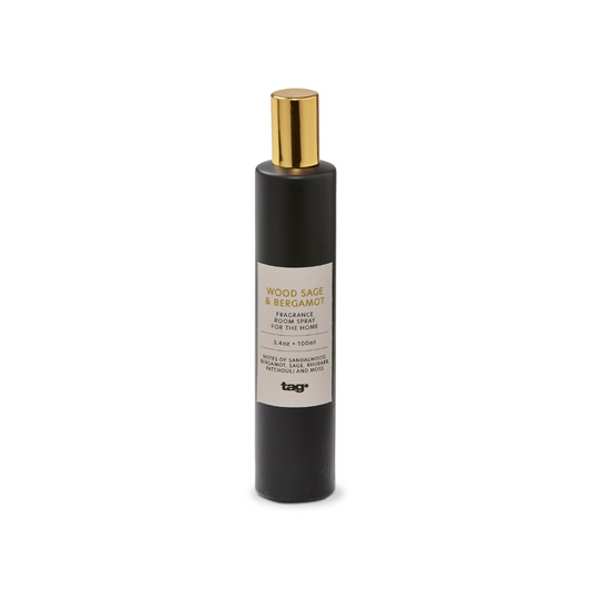 Wood Sage & Bergamot Essential Oil Blend Room Spray Home Fragrance in Matte Black Glass Bottle with Sleek Gold Cap