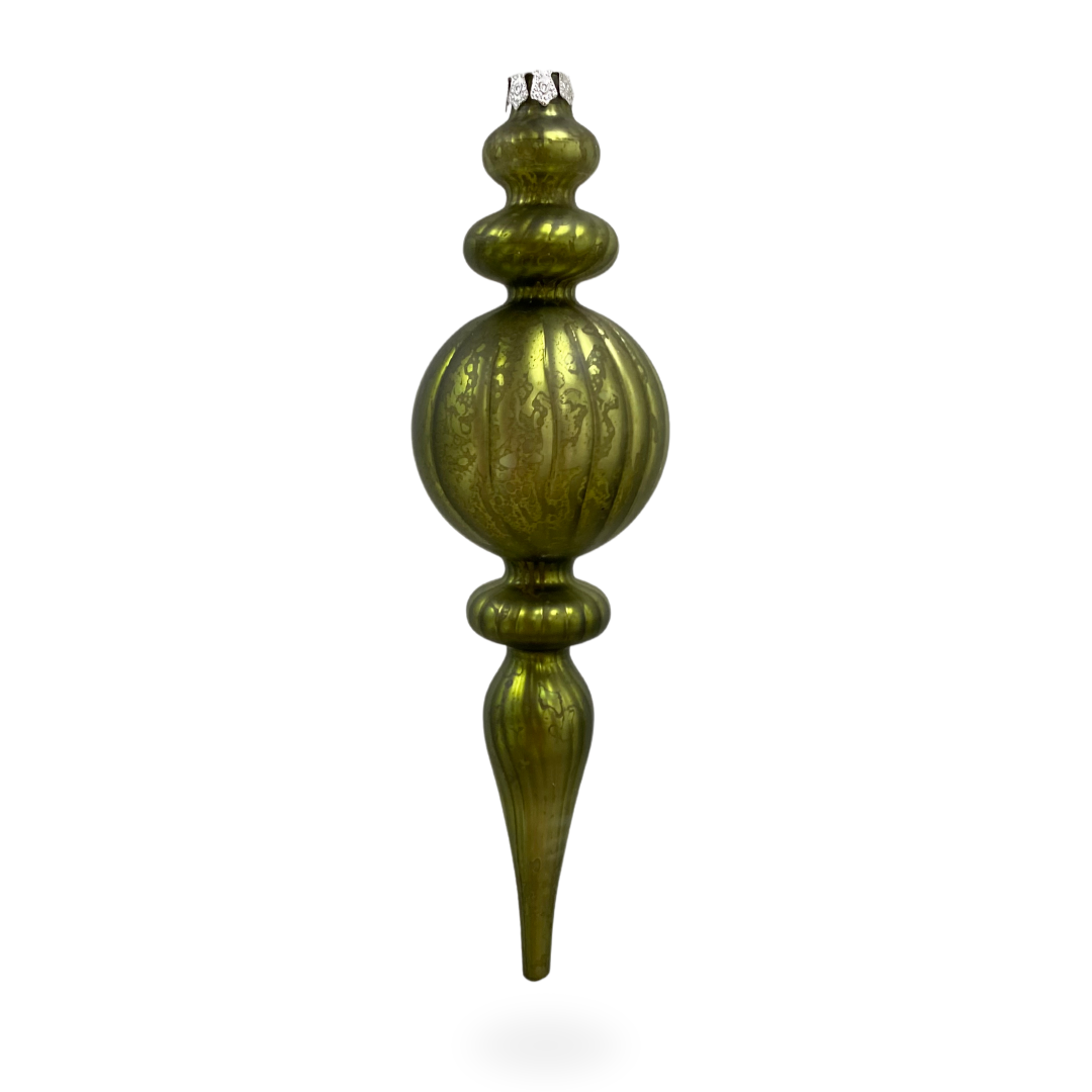 Samara Textured Olive Green Spindle Glass Ornament with Muted Metallic Shine