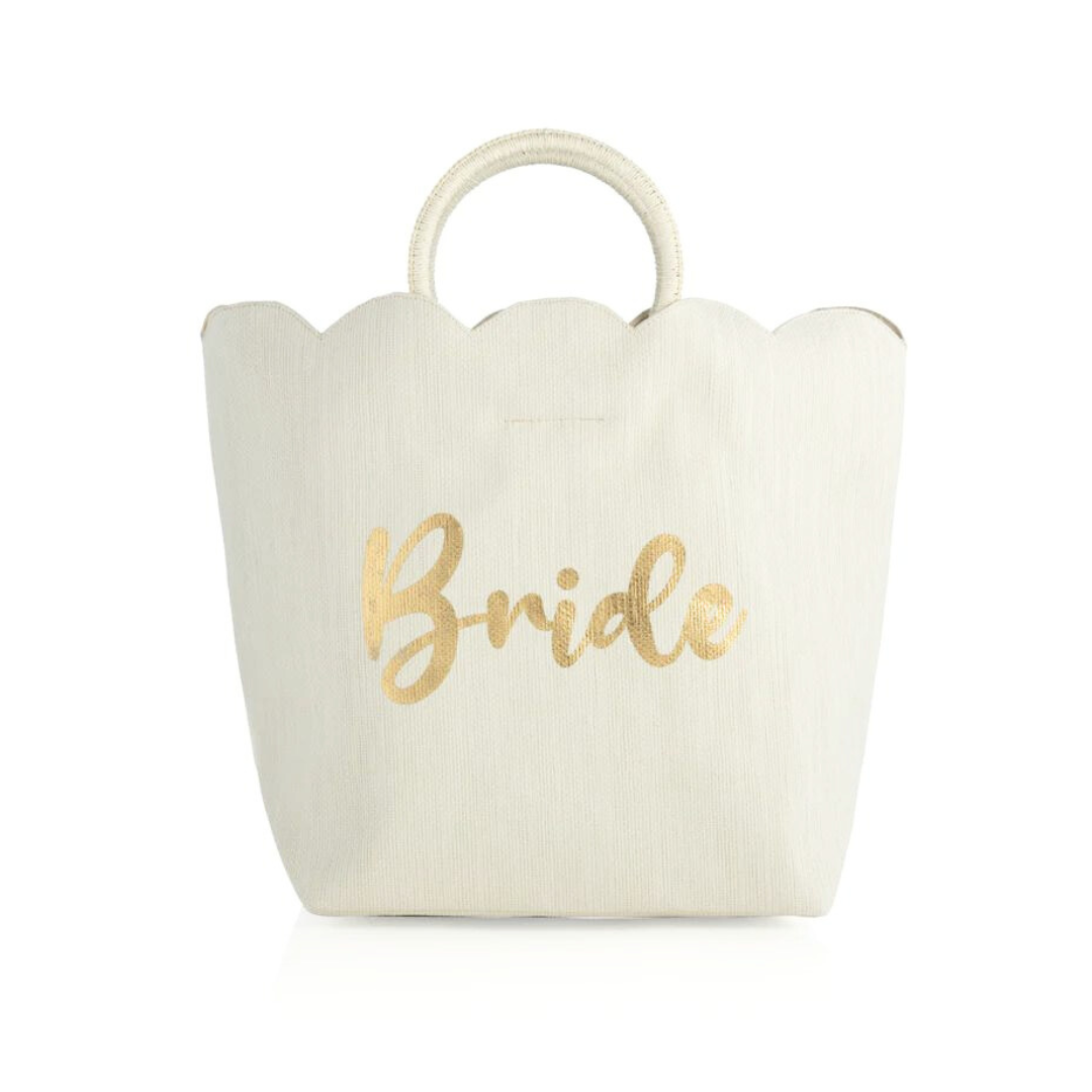 Ivory White Scalloped Edge Gold Foil Script "Bride" Tote Bag