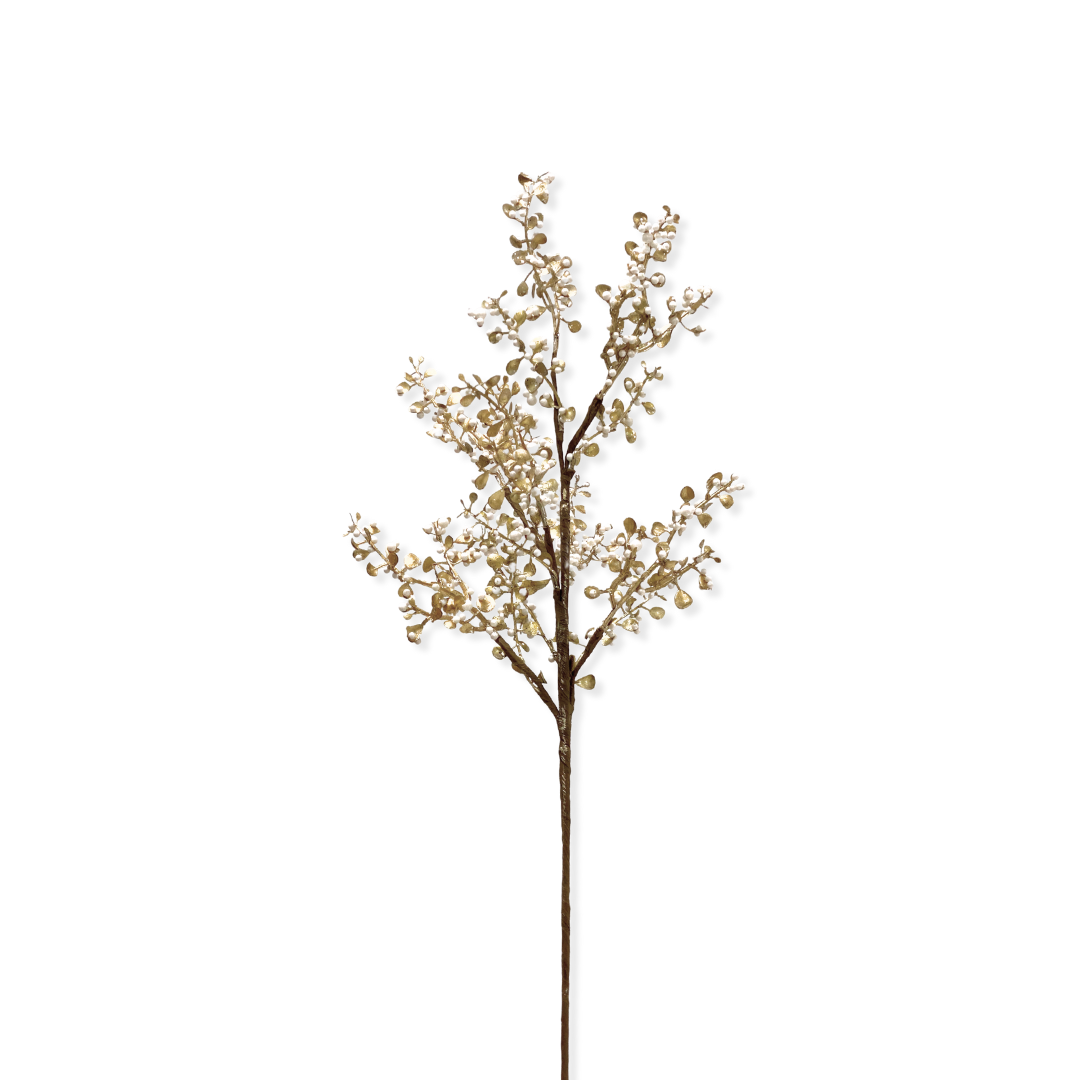 Stasia Dainty White Pearl Berries & Metallic Gold Leaves Faux Floral Stem Spray for Centerpieces, Christmas Trees, Holiday Decor