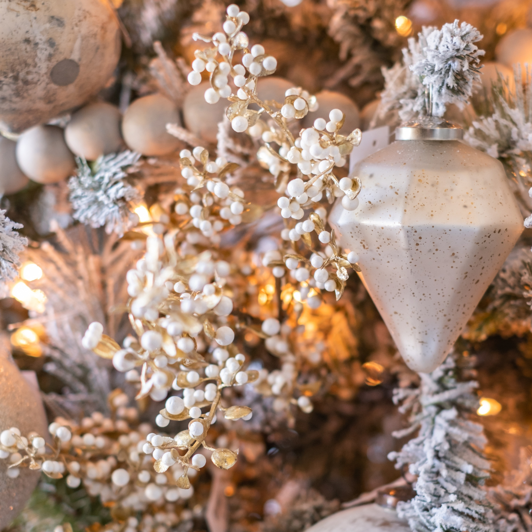 Stasia Dainty White Pearl Berries & Metallic Gold Leaves Faux Floral Spray styled in Christmas Tree with Holiday Ornaments