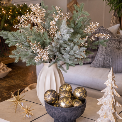 Stasia Dainty White Pearl Berries & Metallic Gold Leaves Faux Floral Spray styled in Holiday Floral Arrangement Coffee Table Centerpiece with Faux Greenery