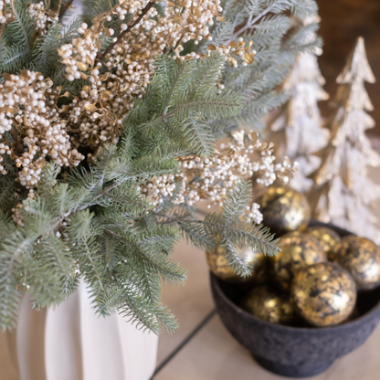 Stasia Dainty White Pearl Berries & Metallic Gold Leaves Faux Floral Spray styled in Holiday Floral Arrangement with Faux Greenery