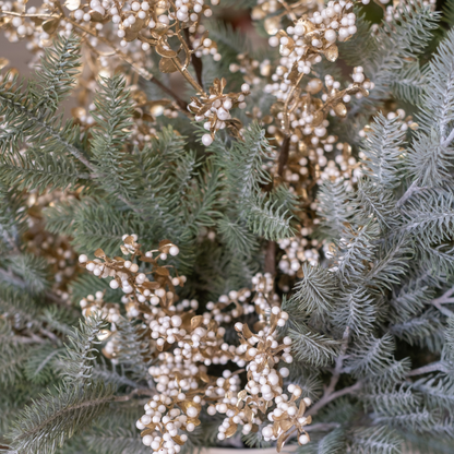 Stasia Dainty White Pearl Berries & Metallic Gold Leaves Faux Floral Spray styled in Holiday Floral Arrangement with Faux Greenery