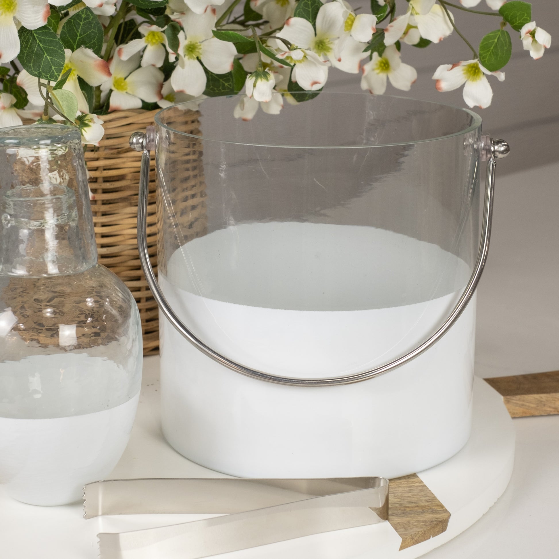 White Glass Colorblock Minimalist Ice Bucket with Serving Tongs styled for Spring