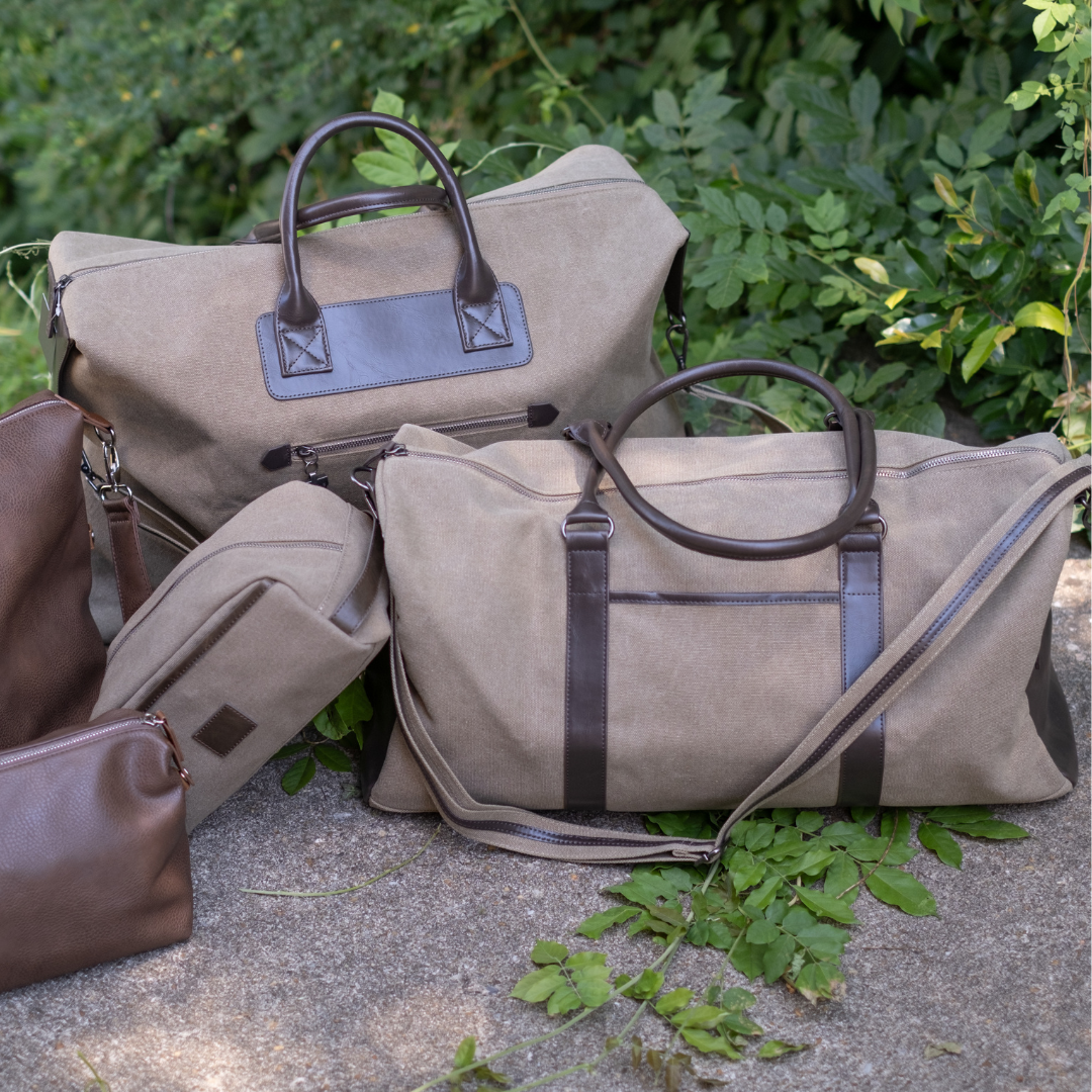 Whitman Khaki Wax Canvas Vegan Leather Collection with Toiletry Bag, Duffel Bag, Weekender Bag for Men Greenery in Background