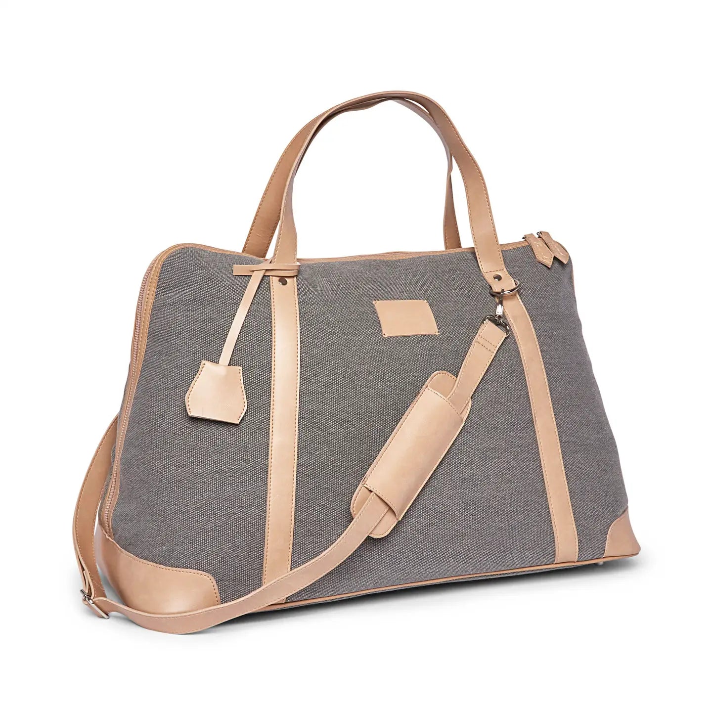 Kennedy Grey Fabric Tan Leather Chic Tote Duffel Bag