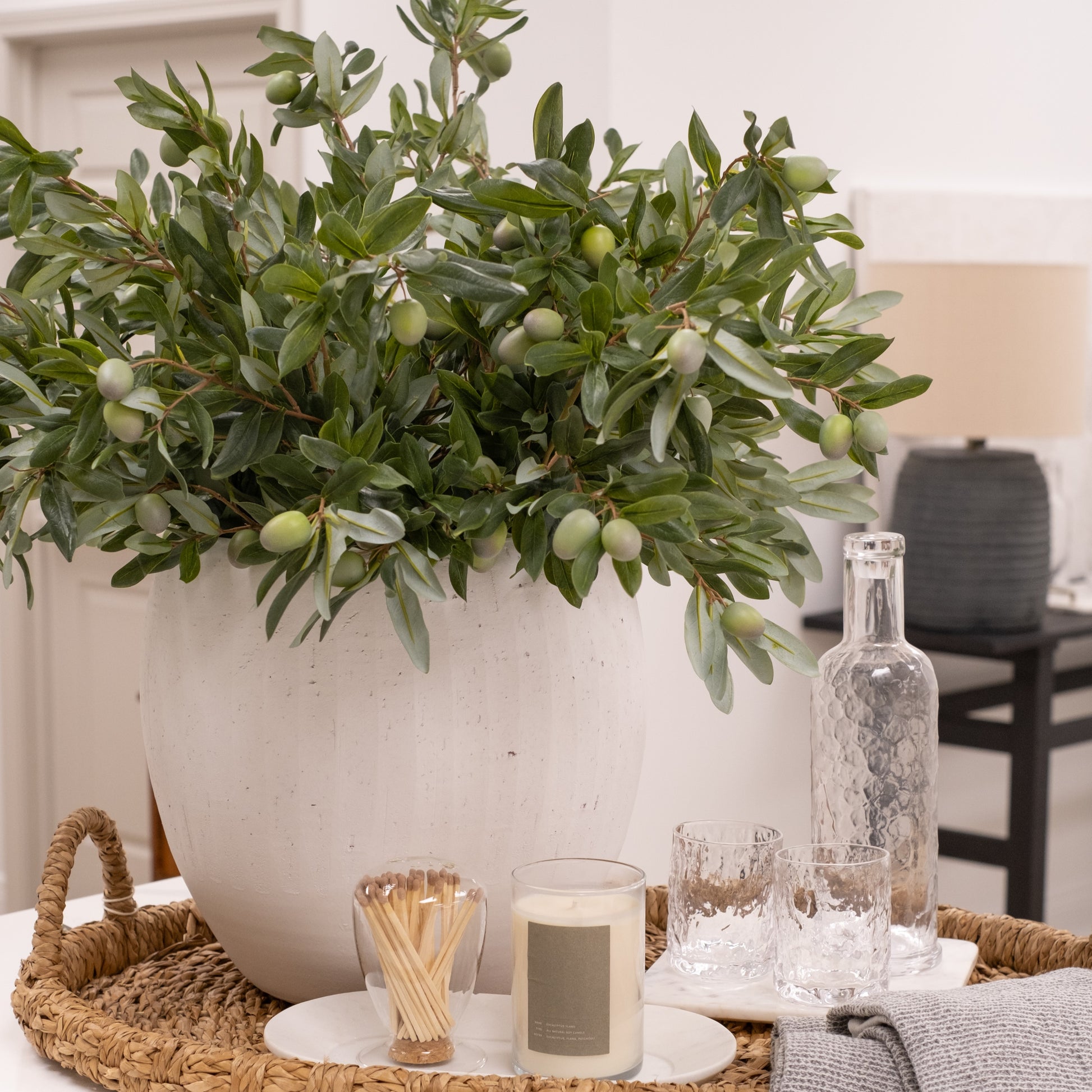 Large Matte White Malia Vase or Planter styled with Faux Olive Branches on Seagrass Tray
