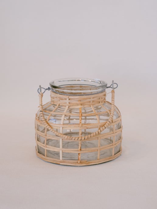 Rattan Wrapped Glass Vase or Tea Light Holder with Handle