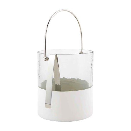 White Glass Colorblock Minimalist Ice Bucket with Serving Tongs