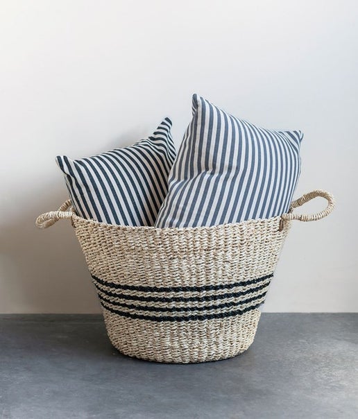 Natural Woven Palm & Seagrass Striped Basket