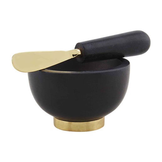 Black Marble Bowl on a Gold Pedestal Base and Matching Spreader Black Marble Handle with Gold Spreader End
