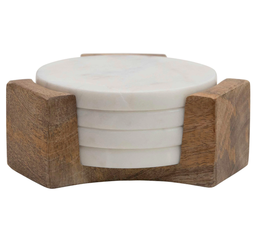White Marble Coaster Set with Wood Holder