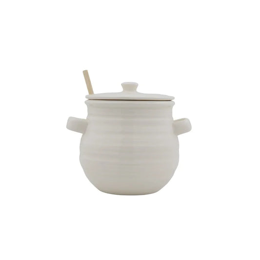 White Stoneware Honey Jar with Wood Dipper