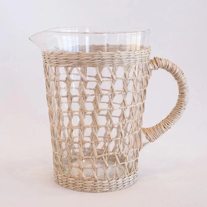 Glass Pitcher with Light Natural Woven Seagrass Cage Wrap