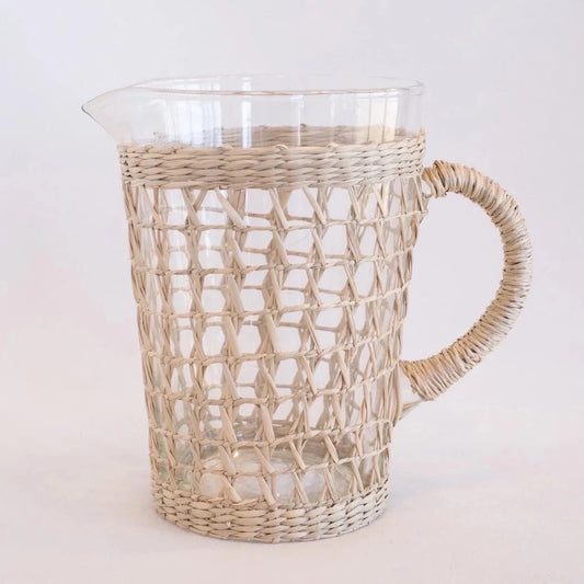Glass Pitcher with Light Natural Woven Seagrass Cage Wrap