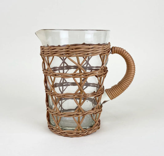 Caged Tan Rattan Wrapped Glass Pitcher